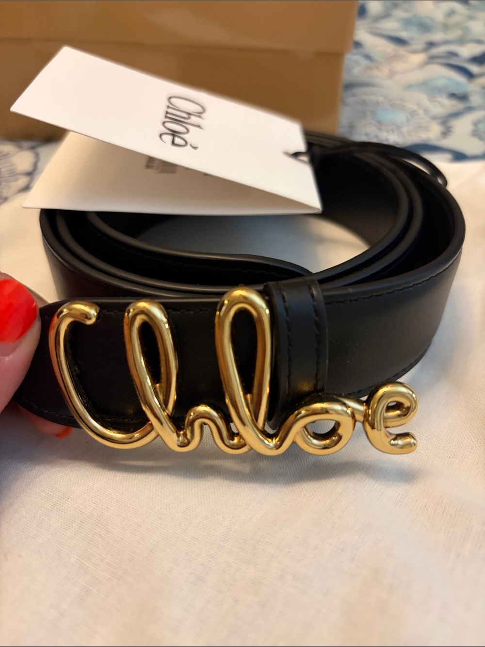 Chloé Black Leather Belt with Gold Script Logo Buckle